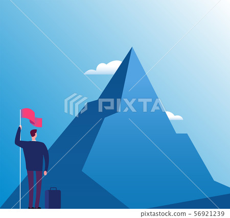 Businessman with flag at mountain. New purpose, success vision and goals achievement, business 56921239