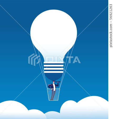 Businessman on balloon. Man with spyglass in air balloon like bulb. Business opportunity, new idea Businessman on balloon. Man with spyglass in air balloon like bulb. Business opportunity, new idea 56921263