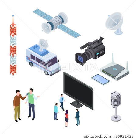 Broadcasting equipment. Television stream electronics. Tv antenna, satellite and camcorder Broadcasting equipment. Television stream electronics. Tv antenna, satellite and camcorder 56921425