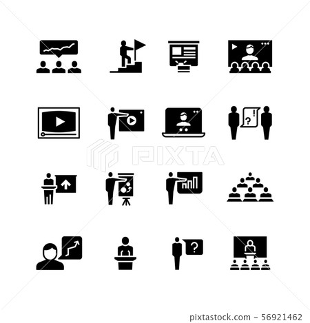 Presentation business event symbols. Training video conference icons. Students in class with speaker 56921462