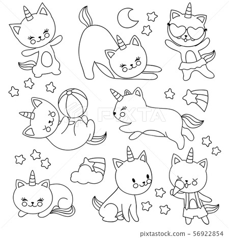 Hand drawn cute flying unicorn cats. Vector cartoon characters for kids coloring book 56922854