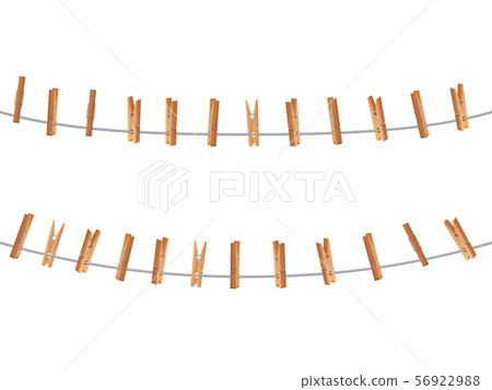 Wooden clips, clothespin on clothesline holding rope isolated. Laundry and housework vector concept 56922988