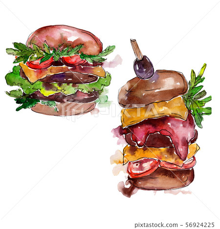 Hamburger fast food isolated. Watercolor background illustration set. Isolated snack illustration Hamburger fast food isolated. Watercolor background illustration set. Isolated snack illustration 56924225