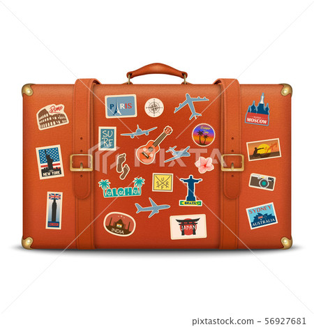 Vector 3d Realistic Retro Leather Brown Threadbare Suitcase With Travel Stickers, Metal Corners and Vector 3d Realistic Retro Leather Brown Threadbare Suitcase With Travel Stickers, Metal Corners and 56927681