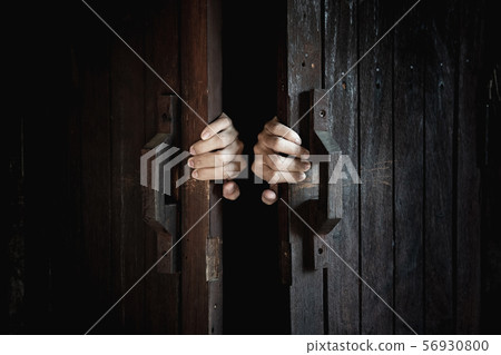 Hands open the wooden door from the inside of the 56930800