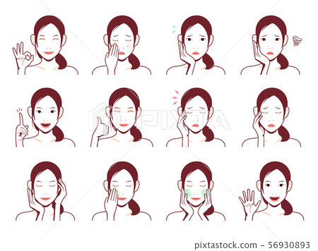 年輕的日本女人上身圖設置/卸妝/皮膚麻煩/快樂/困擾等。 年輕的日本女人上身圖設置/卸妝/皮膚麻煩/快樂/困擾等。 56930893