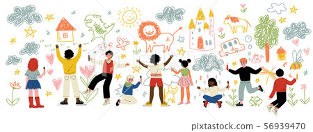 Cute Kids of Different Nationalities Painting and Drawing with Brushes and Pencils on White Wall Cute Kids of Different Nationalities Painting and Drawing with Brushes and Pencils on White Wall 56939470