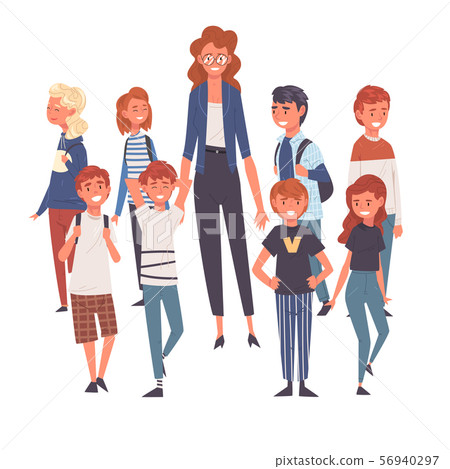 Smiling Female Teacher Standing with Group of Students Vector Illustration Smiling Female Teacher Standing with Group of Students Vector Illustration 56940297