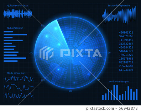 Military blue radar. Hud interface with sonar, charts and control elements. Virtual display vector 56942878