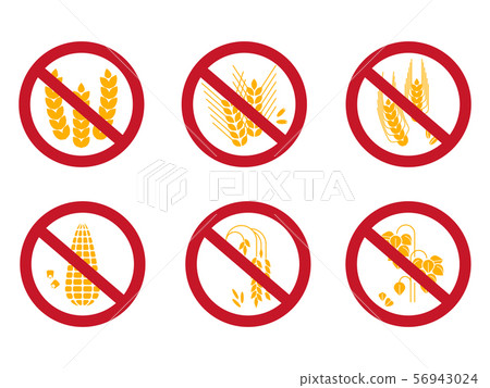 Grains free icons set. Gluten free, rice free, corn free icons 56943024