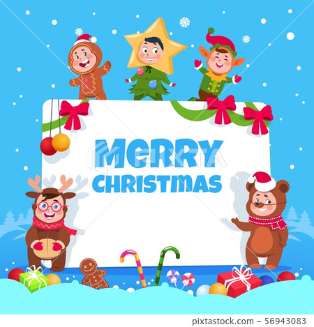 Merry christmas greeting card. Kids in christmas costumes dancing at childrens winter holiday party 56943083