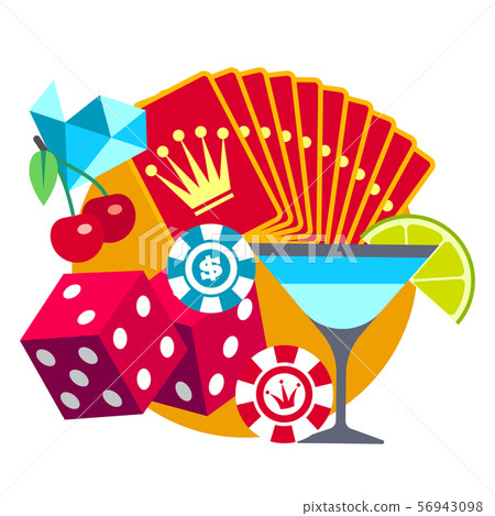 Playing in casino flat concept. Cards, cocktail, dice, diamond Playing in casino flat concept. Cards, cocktail, dice, diamond 56943098