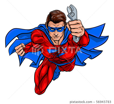 Plumber Mechanic Superhero Holding Wrench Spanner 56943783
