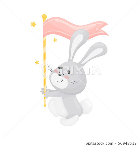 Cartoon hare with a flag. Vector illustration on a white background. 56948512