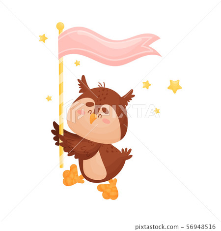 Cartoon owl with a flag. Vector illustration on a white background. 56948516