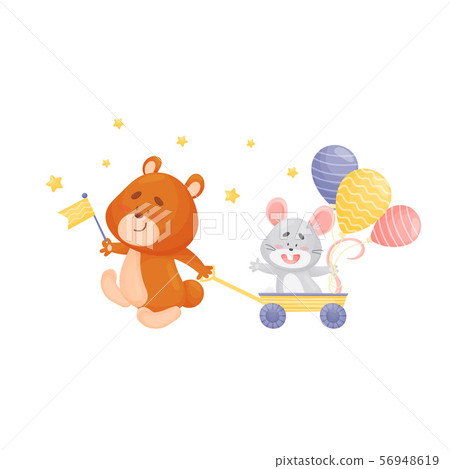 Cartoon bear pulling a wheelbarrow with a mouse. Vector illustration on a white background. Cartoon bear pulling a wheelbarrow with a mouse. Vector illustration on a white background. 56948619