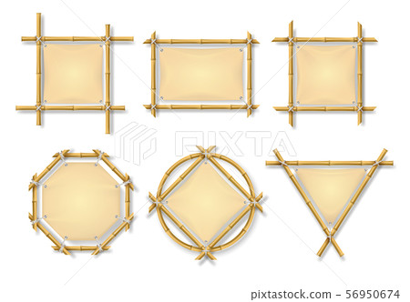 Bamboo frames. Chinese wooden stick signs with blank papyrus banners. Old billboard isolated vector Bamboo frames. Chinese wooden stick signs with blank papyrus banners. Old billboard isolated vector 56950674
