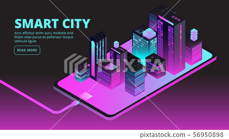 Smart city technology. Intelligent buildings in future city. Isometric 3d vector banner Smart city technology. Intelligent buildings in future city. Isometric 3d vector banner 56950898