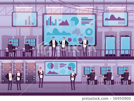 Control center. Business people working with computers big monitor. Brokers trading on stock 56950900