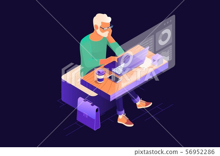 Young finance market analyst in eyeglasses working at sunny office on laptop while sitting at wooden Young finance market analyst in eyeglasses working at sunny office on laptop while sitting at wooden 56952286