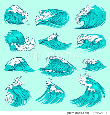 Vintage hand drawn sea blue waves with splashes. Ocean storm water vector set Vintage hand drawn sea blue waves with splashes. Ocean storm water vector set 56952393