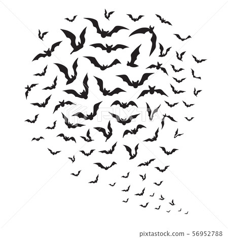 Halloween flying bats. Swarm of bat silhouettes in sky. Creepy batman halloween vector decoration Halloween flying bats. Swarm of bat silhouettes in sky. Creepy batman halloween vector decoration 56952788