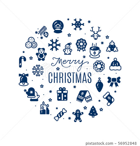 Round vector banner Merry Christmas with festive icons silhouettes Round vector banner Merry Christmas with festive icons silhouettes 56952848
