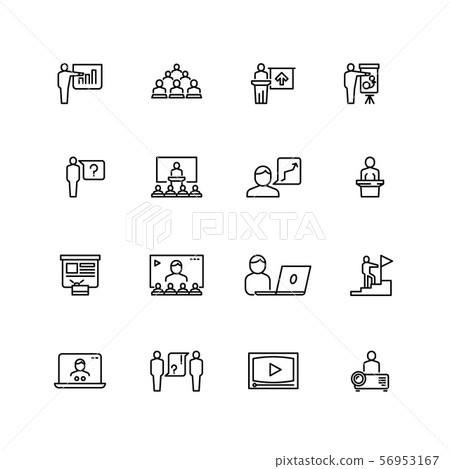 Presentation and conference symbols. Training and learning line icons. People group in class outline 56953167