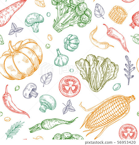 Sketch vegetables seamless pattern. Vegetable soup organic farm food vector vegetal background Sketch vegetables seamless pattern. Vegetable soup organic farm food vector vegetal background 56953420