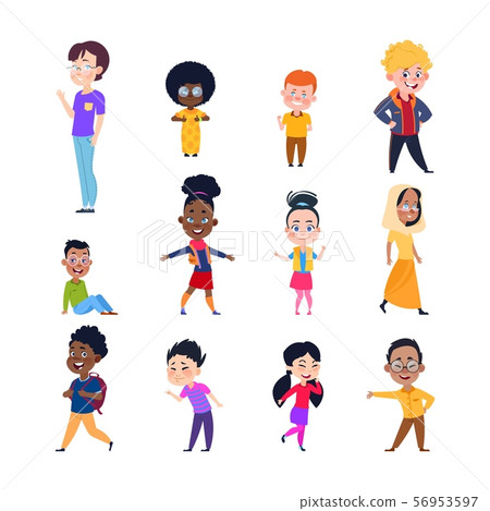 Happy kids. Cartoon european, asian and african children. Boys and girls in casual wear. Isolated Happy kids. Cartoon european, asian and african children. Boys and girls in casual wear. Isolated 56953597