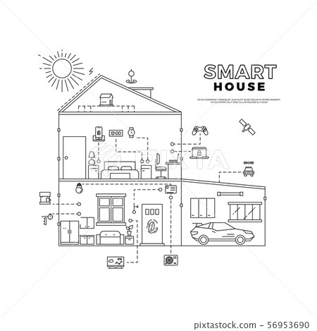 Black outline smart house technology system vector isolated on white background 56953690