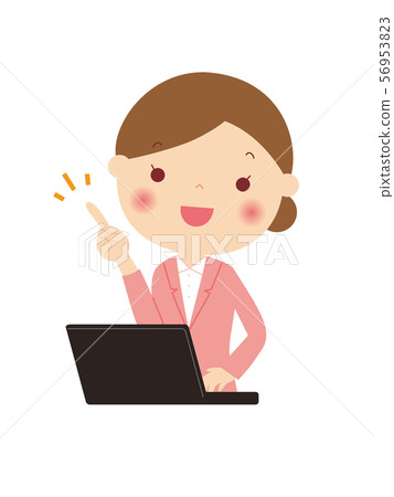 A woman in a suit in front of a computer Point! I've got it! Upper body bust up illustration A woman in a suit in front of a computer Point! I've got it! Upper body bust up illustration 56953823