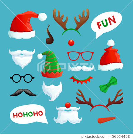 Christmas photo booth. Santa hats, mustache, beard and reindeer antlers xmas props vector collection 56954498
