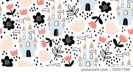 Childish seamless pattern with castle, flowers Childish seamless pattern with castle, flowers 56957396