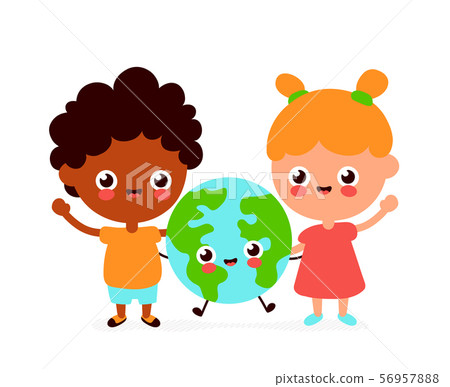 Cute happy funny smiling boy,girl and Earth planet Cute happy funny smiling boy,girl and Earth planet 56957888