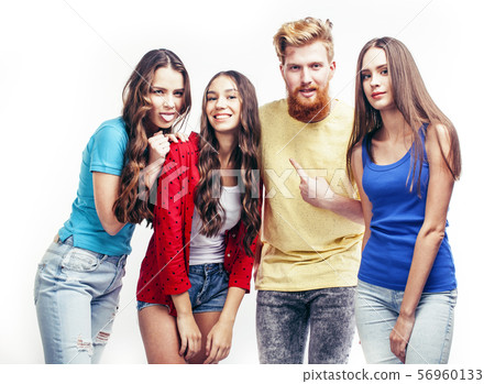 company of hipster guys, bearded red hair boy and girls students having fun together friends company of hipster guys, bearded red hair boy and girls students having fun together friends 56960133