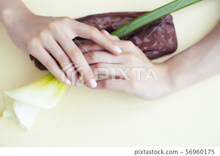 pretty perfect woman hands with white manicure and little flowers on colorful background 56960175