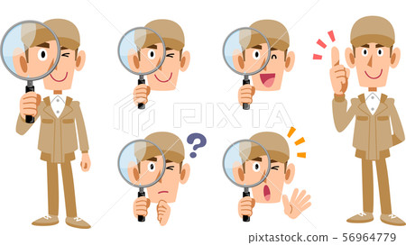 Set of full body and facial expressions of men in beige work clothes investigated with magnifying glass Set of full body and facial expressions of men in beige work clothes investigated with magnifying glass 56964779