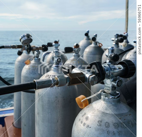 Image of oxygen cylinders for diving, close-up Image of oxygen cylinders for diving, close-up 56966751