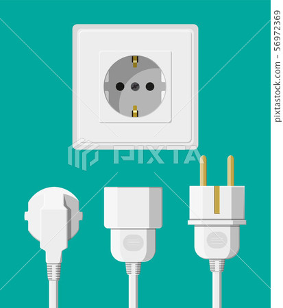 Electrical outlet with several connected cables. 56972369