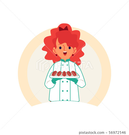 Little Caucasian redheaded girl carries or keeps cakes and pastries on a tray. 56972546