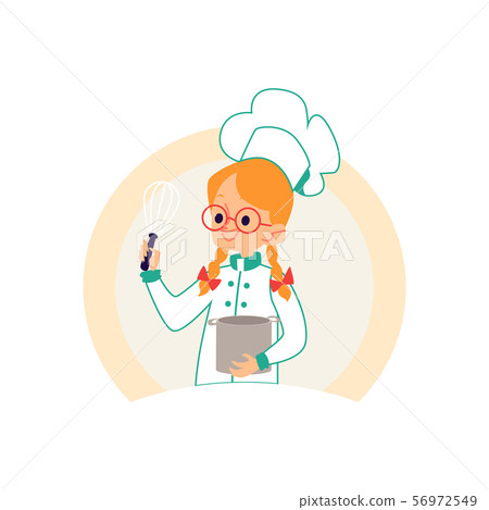 Girl cook in chef clothes holding a pot and a whisk. 56972549