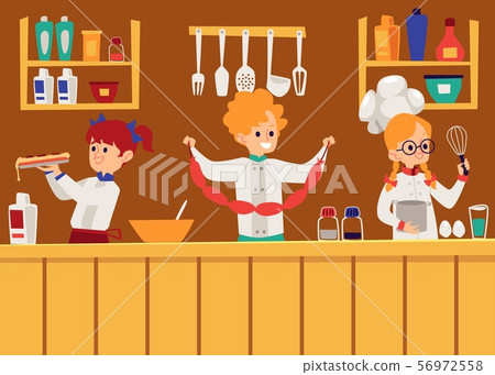 Children boys and girls cooking in the kitchen in aprons and cook caps at the table. 56972558