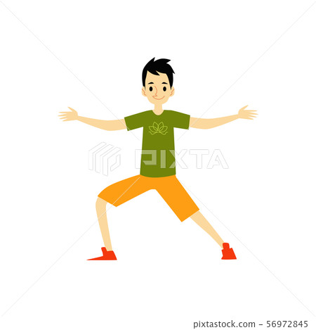 Young man character doing yoga exercise cartoon flat vector illustration isolated. 56972845