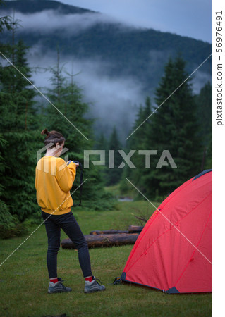 red tent  in the evening pine forest 56976491