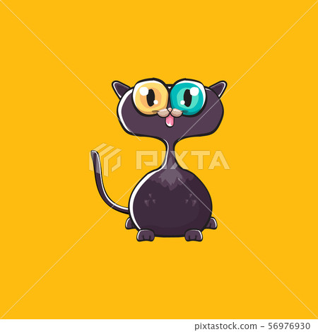 cute black halloween cat isolated on orange background. Cartoon happy black witch kitten with big cute black halloween cat isolated on orange background. Cartoon happy black witch kitten with big 56976930