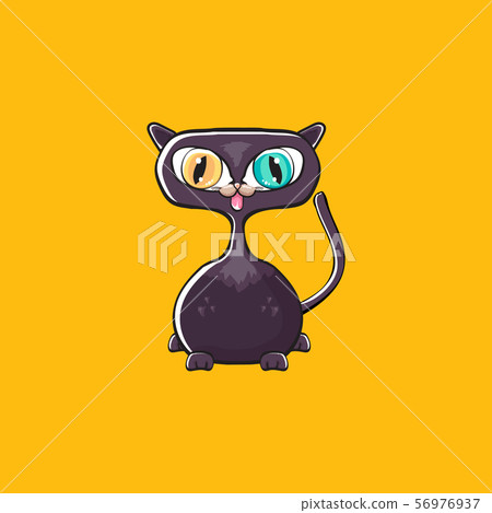 cute black halloween cat isolated on orange background. Cartoon happy black witch kitten with big 56976937