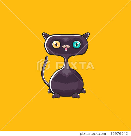 cute black halloween cat isolated on orange background. Cartoon happy black witch kitten with big 56976942