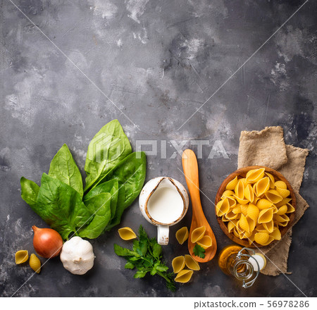 Ingredients for cooking pasta with spinach Ingredients for cooking pasta with spinach 56978286