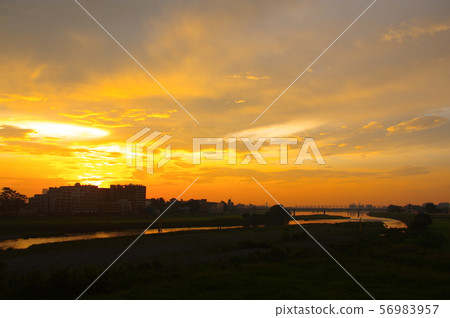 Sunrise from the Tamagawahara Bridge over Chofu City and Inagi City 56983957